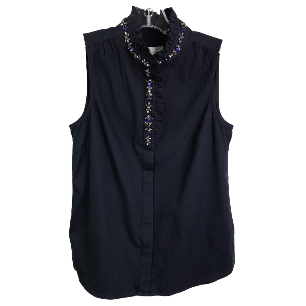 J. Crew Women's Blouse Rhinestone Sleeveless Navy Blue Ruffle‎ Top Cotton Sz 0